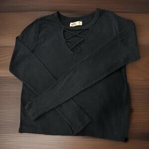 Hollister Henley Ribbed V-Neck Long Sleeve Shirt Womens M Black Y2K Boho Style